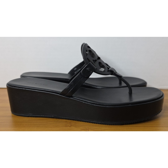 TORY BURCH Miller Wedge Platform Leather Sandals Black Excellent US 9.5M - Picture 5 of 16